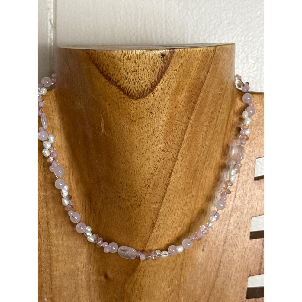 Rose Quartz and Freshwater Pearl Beaded Illusion Necklace Pink White Adjustable